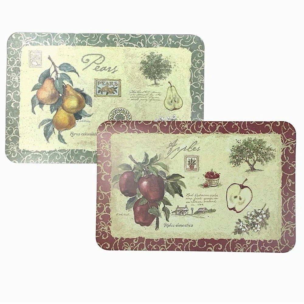 Apple Pear Orchard Placemats  Reversible Easy Care Farmhouse Set of 4 Red Green